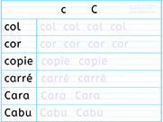 Apprendre à écrire des mots en c C- Fiche d'écriture de la lettre c C - Méthode de lecture syllabique et visuelle - Fiches d'écriture gratuites