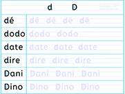 Apprendre à écrire des mots en d D- Fiche d'écriture de la lettre d D - Méthode de lecture syllabique et visuelle - Fiches d'écriture gratuites