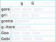 Apprendre à écrire des mots en g G- Fiche d'écriture de la lettre g G - Méthode de lecture syllabique et visuelle - Fiches d'écriture gratuites