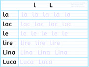 Apprendre à écrire des mots en l L- Fiche d'écriture de la lettre l L - Méthode de lecture syllabique et visuelle - Fiches d'écriture gratuites