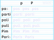 Apprendre à écrire des mots en p P- Fiche d'écriture de la lettre p P - Méthode de lecture syllabique et visuelle - Fiches d'écriture gratuites