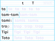 Apprendre à écrire des mots en t T- Fiche d'écriture de la lettre t T - Méthode de lecture syllabique et visuelle - Fiches d'écriture gratuites