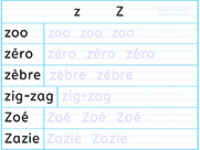 Apprendre à écrire des mots en z Z- Fiche d'écriture de la lettre z Z - Méthode de lecture syllabique et visuelle - Fiches d'écriture gratuites
