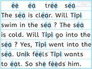 Learn to read with phonics visually-Apprendre l'anglais en images visuellement-Lire le texte avec le son ea de sea: Will Tipi swim in the sea ?