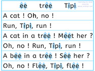 Learn to read with phonics visually-Apprendre l'anglais en images visuellement-Lire le texte avec le son e de tree : Tipi saw a cat !