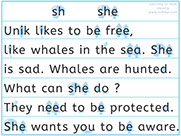Learn to read with phonics visually-Apprendre l'anglais en images visuellement-Lire le texte avec le son sh:  Unik likes to be free like whales